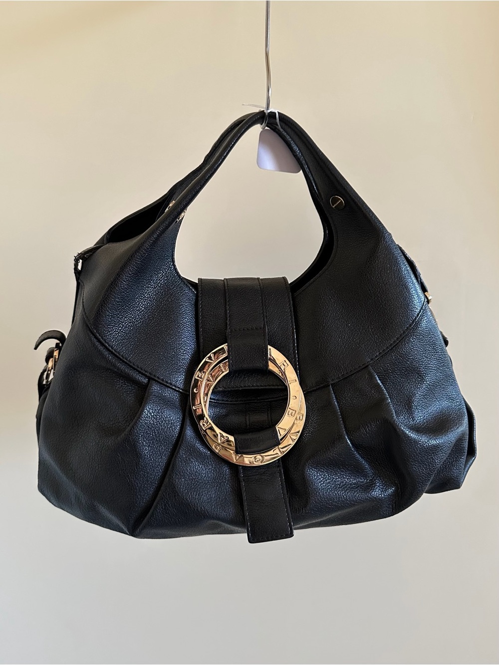 Bvlgari Black Leather Hobo Bag with Gold Accent